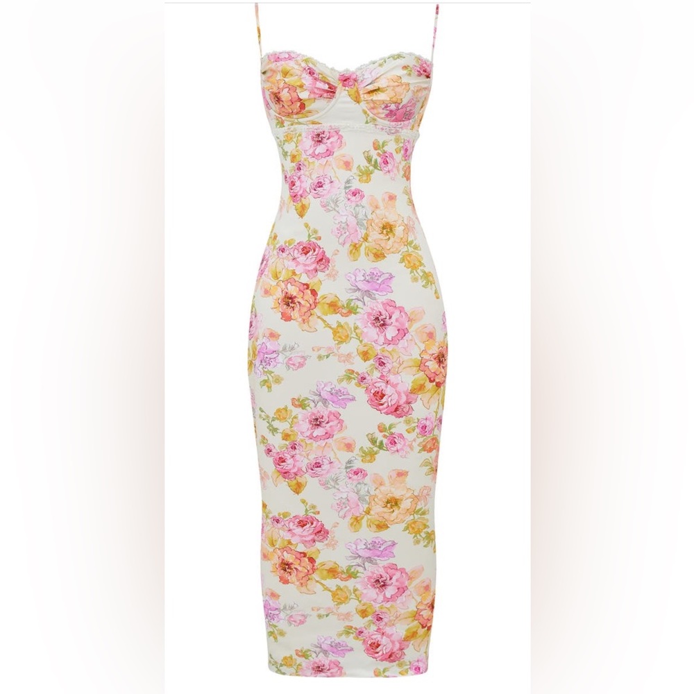 House of CB Josefina Floral Bustier Bodice Stretch Satin Body-Con Dress